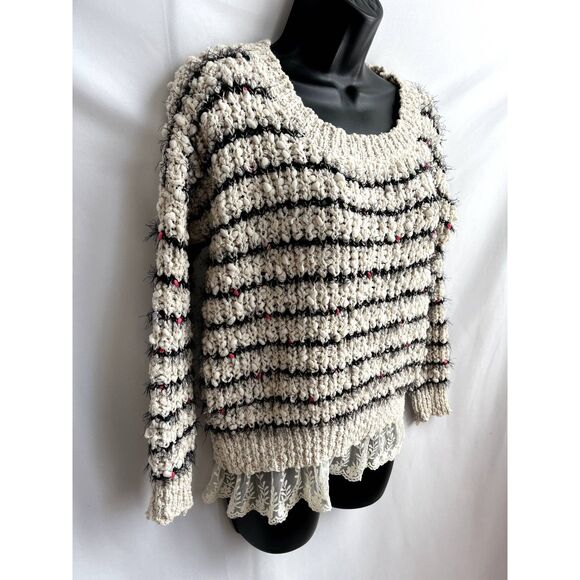 POL Striped Knit Sweater Lace Trim Cream Size S Retro Grannycore Scoop Neck Cute - Picture 4 of 11